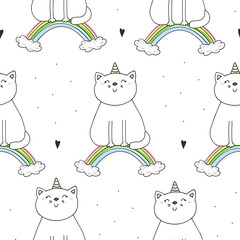 Hand drawn seamless pattern with cute cat on a rainbow, doodle illustration for kids vector print