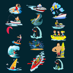 Set of water extreme sports icons, isolated design elements for summer vacation activity fun concept, cartoon wave surfing, sea beach vector illustration, active lifestyle adventure