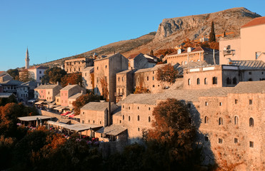 mostar city view, medieval houses, mosque, retro color