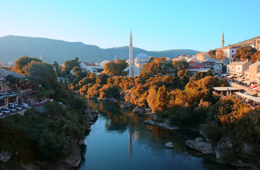 mostar city view, medieval, mosques, river, autumn colors
