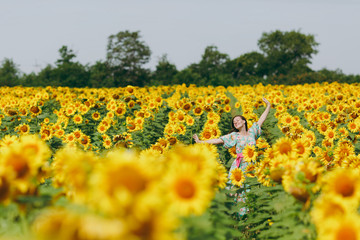 Fototapeta premium Brunette girl in a field of sunflowers