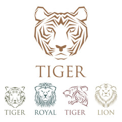 Tiger head royal badge with beautiful animal vector hand drawn lion face illustration.