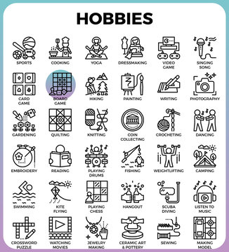 Hobbies and interest detailed line icons