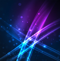 Energy lines, glowing waves in the dark, vector abstract background