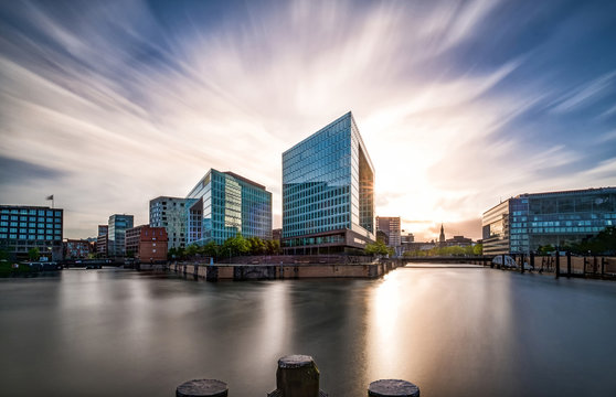 Business buildings in the Hamburg Hafencity at sunset