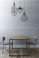Dining set with brick wall and modern chandelier. 3d illustration