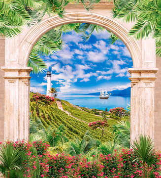 Digital fresco: old archway, lighthouse and flowers. Big swimming ships and green plants.