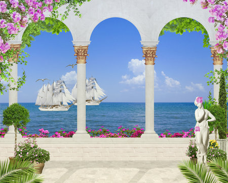 Digital fresco: old balcony with brick white columns, statue and flowers. Big swimming ships and green plants.