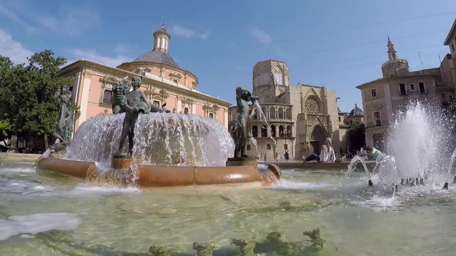 The Turia Fountain in the Plaza de la Virgen in Valencia, Spain. The Plaza de la Virgen is located near the city center of Valencia. 