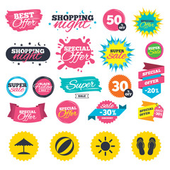 Fototapeta premium Beach holidays icons. Umbrella and sandals.