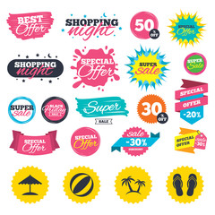 Fototapeta premium Beach holidays icons. Umbrella and sandals.