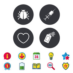 Bug and vaccine signs. Heart, spray can icons.