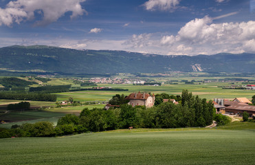 Typical pastoral view on green meadows, castles, railway and small factories in Switzerland