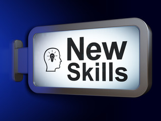 Education concept: New Skills and Head With Lightbulb on billboard background