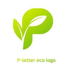 P letter eco logo isolated on white background. Organic bio logo with a leaf of sprout grass for corporate style of company or brand on letter P.