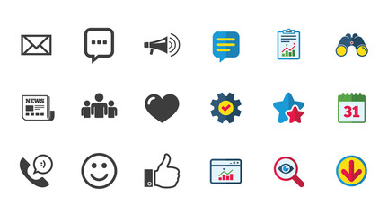 Mail, news icons. Conference signs.