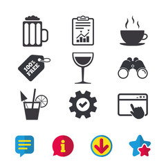 Drinks signs. Coffee cup, glass of beer icons.