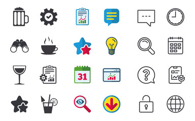 Drinks signs. Coffee cup, glass of beer icons.