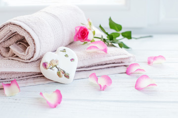 Towels and bath salt. Background. The concept of spa, relaxation and lifestyle.