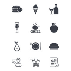 Food, drink icons. Alcohol and burger signs.