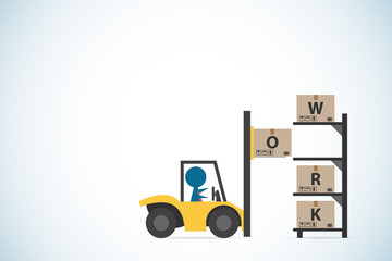businessman drive forklift to putting box on shelf, business concept