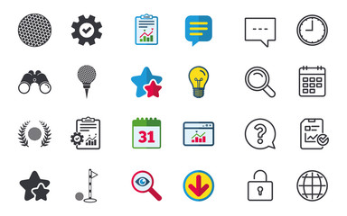 Golf ball icons. Laurel wreath award symbol.