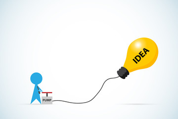 businessman pumping air into lightbulb balloon, idea and business concept