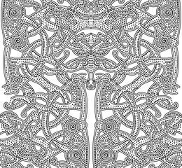 Ornate patterns of the Vikings. Background with hand drawn element of the Vikings. Seamless abstract pattern for printing on paper, fabric, clothes. Art videos black and white picture. Celtic knots.