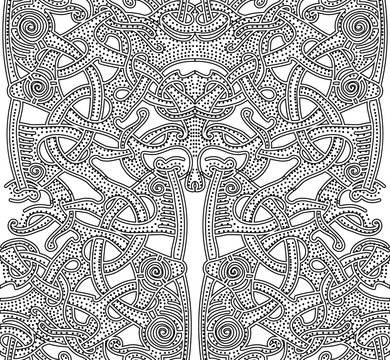 Ornate patterns of the Vikings. Background with hand drawn element of the Vikings. Seamless abstract pattern for printing on paper, fabric, clothes. Art videos black and white picture. Celtic knots.