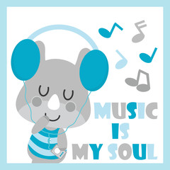 Cute baby rhino is listening music vector cartoon illustration for baby shower card design, kid t shirt design, and wallpaper