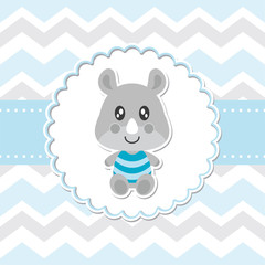 Cute baby rhino smiles on flower frame vector cartoon illustration for baby shower card design, postcard, and wallpaper