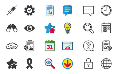 Medicine icons. Syringe, eye, brain and ribbon.