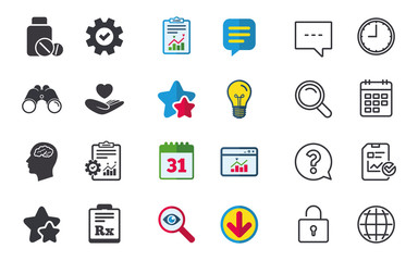 Medicine icons. Tablets bottle, brain, Rx.