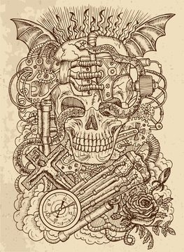 Mystic drawing with scary skull, steampunk and ghotic symbols as rose, demon wings, cross, cogs and wheels on texture background