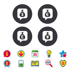Money bag icons. Dollar, Euro, Pound and Yen.