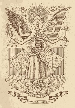 Mystic drawing of spiritual symbols, goddess of wisdom and eternity, vignette banner and constellations on texture background