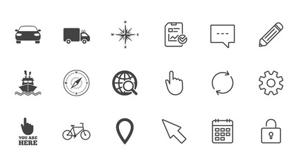 Navigation, gps icons. Windrose, compass signs.