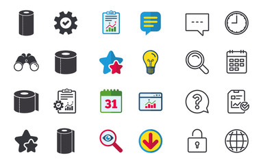 Toilet paper icons. Kitchen roll towel symbols.