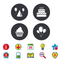 Birthday party. Cake, balloon, hat and muffin.