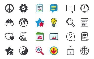 World globe icon. Ying yang sign. Hearts love.