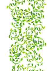 Seamless stripe border - ornament with green fresh leaves, scrolls . Watercolor