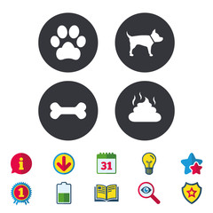 Pets icons. Dog paw and feces signs.