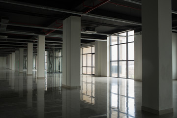 Interior with large windows and columns