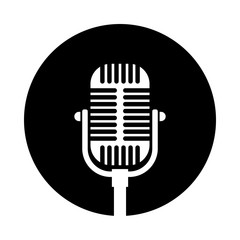 Old microphone circle icon. Black, round, minimalist icon isolated on white background. Microphone simple silhouette. Web site page and mobile app design vector element.