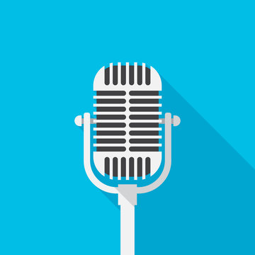 Old microphone icon with long shadow. Flat design style. Microphone simple silhouette. Modern, minimalist icon in stylish colors. Web site page and mobile app design vector element.