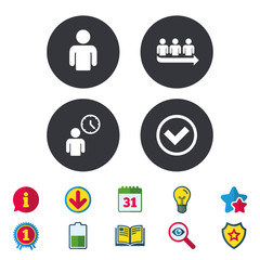 Queue icon. Person waiting sign. Check and time.