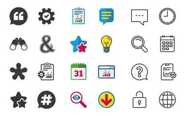 Quote, asterisk footnote icons. Hashtag symbol.