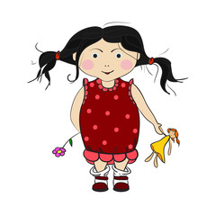 Illustration of a little girl, a child. Girl in dress smiling, holding a doll, flower. Vector
