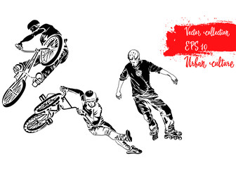 Set of bike rider jumping and roller skater. Representatives of Urban Culture. Extreme theme modern print. Vector design elements. Isolated on white background