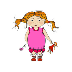 Illustration of a little girl, a child. Girl in dress smiling, holding a doll, flower. Vector